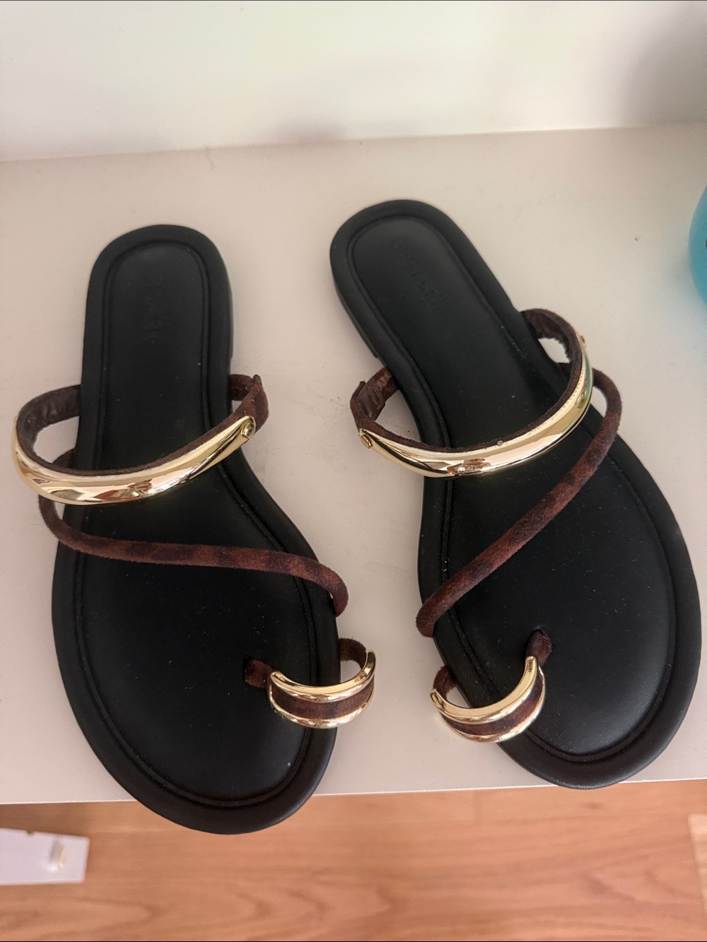 Black Sandal Slide with Brown Suede Straps and Gold Accents
